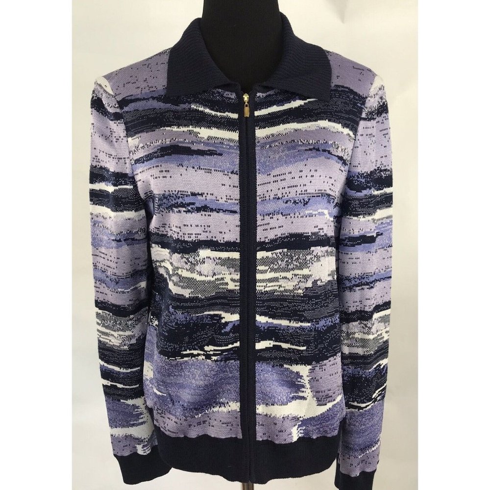 St john Neiman Marcus Purple White Full Zip Cardigan Jacket Shoulder Pads Knit M